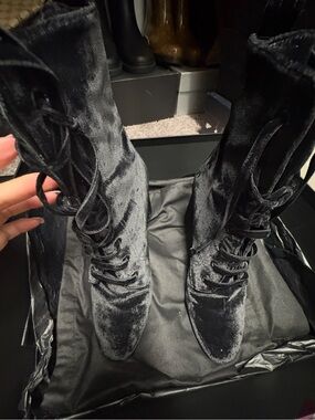 Velvet Lace-Up Knee-High Boots in Black
